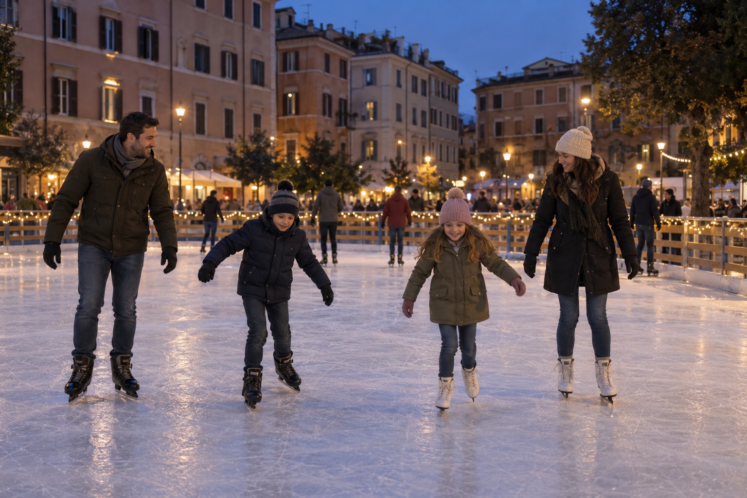Eine Familie auf einer kleinen Eislaufbahn im Freien in der Abenddämmerung