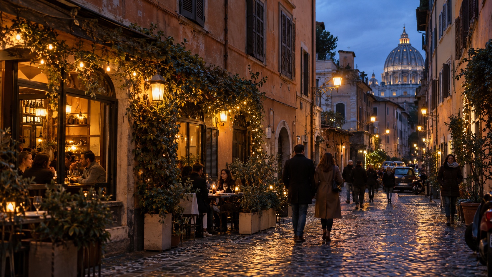 Illustratieve winteravond in Rome met warme lichtjes en historische straatjes